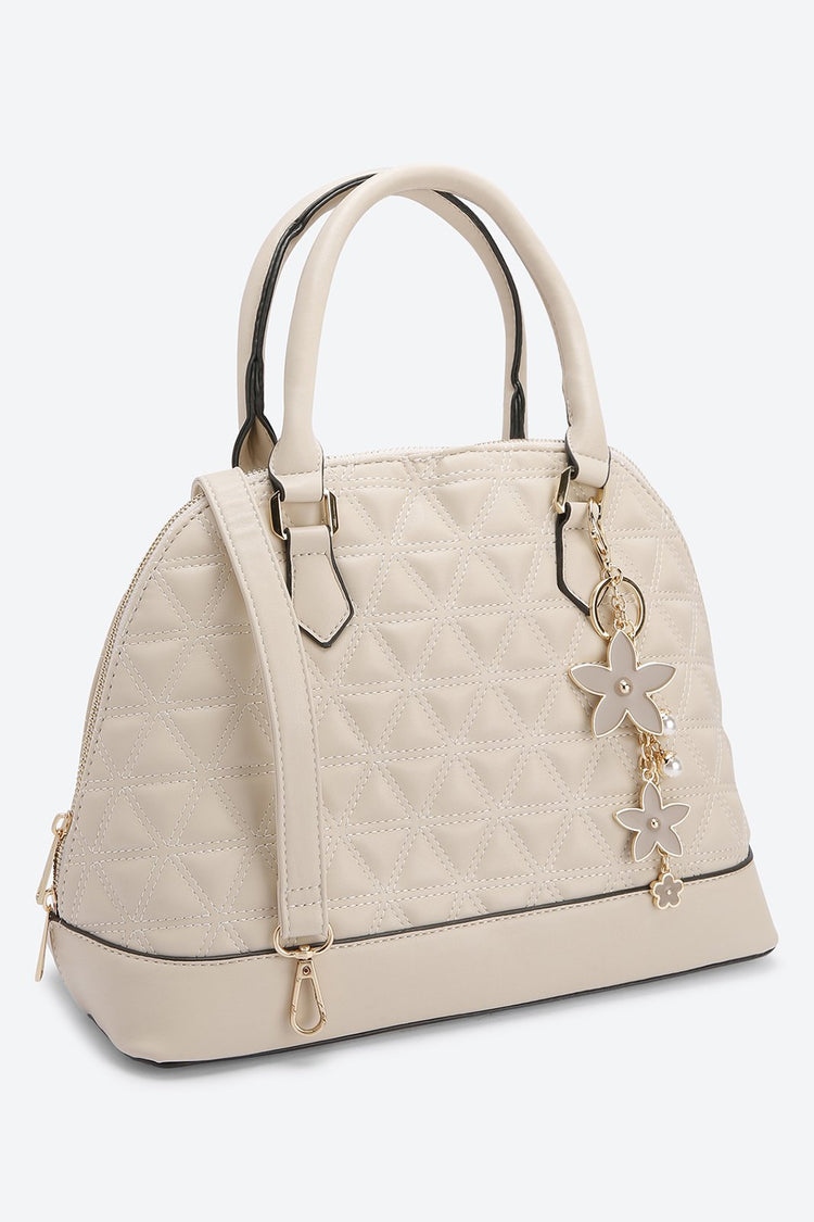 Dual Handle Solid Beige Handbag