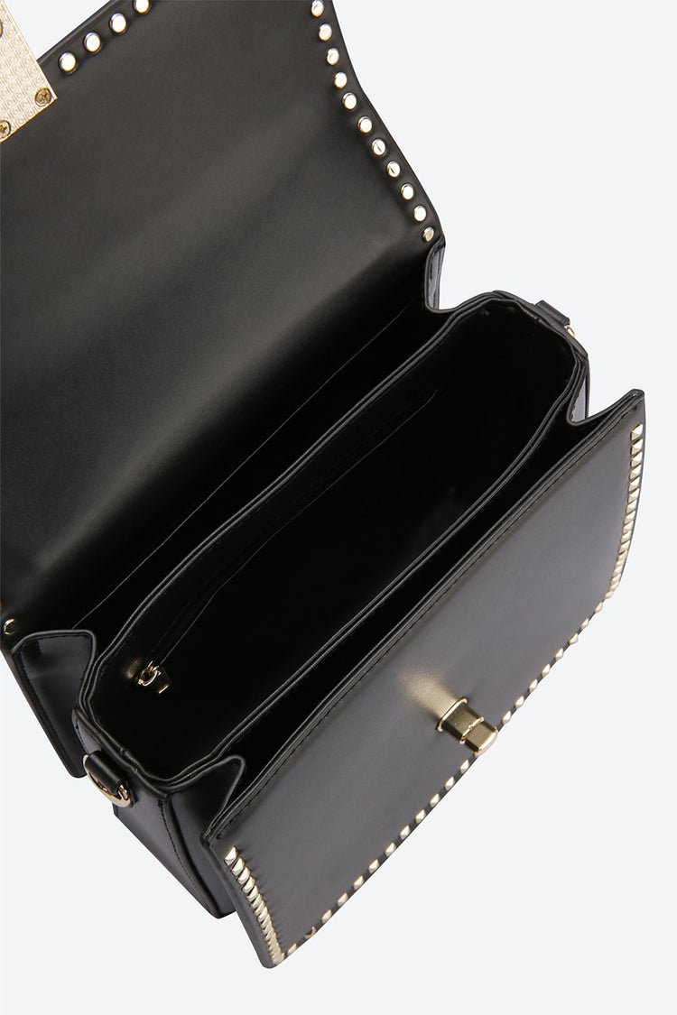 Front Flap Embellished Black Handbag