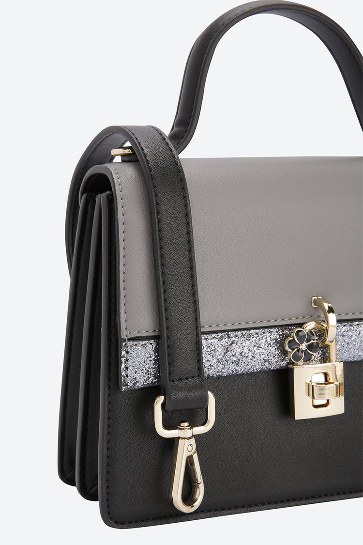 Front Flap Embellished Black Handbag