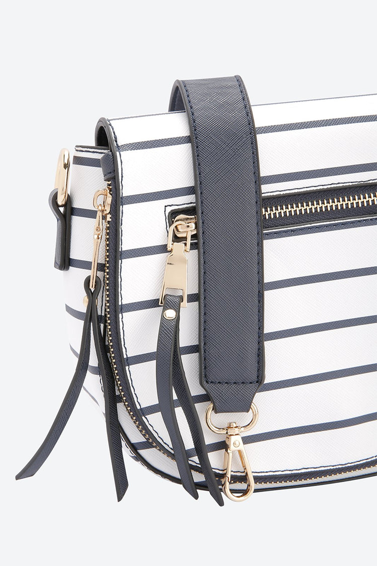 Front Flap Striped White Messenger bag