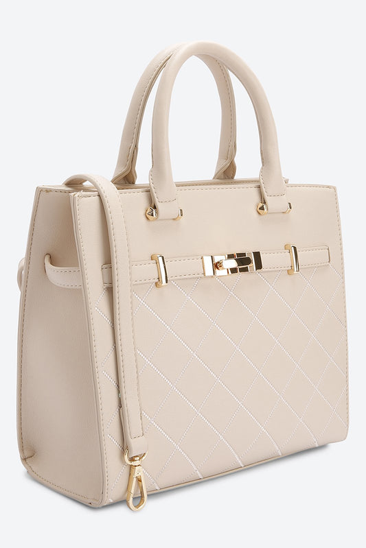 Dual Handle Embellished Beige Handbag
