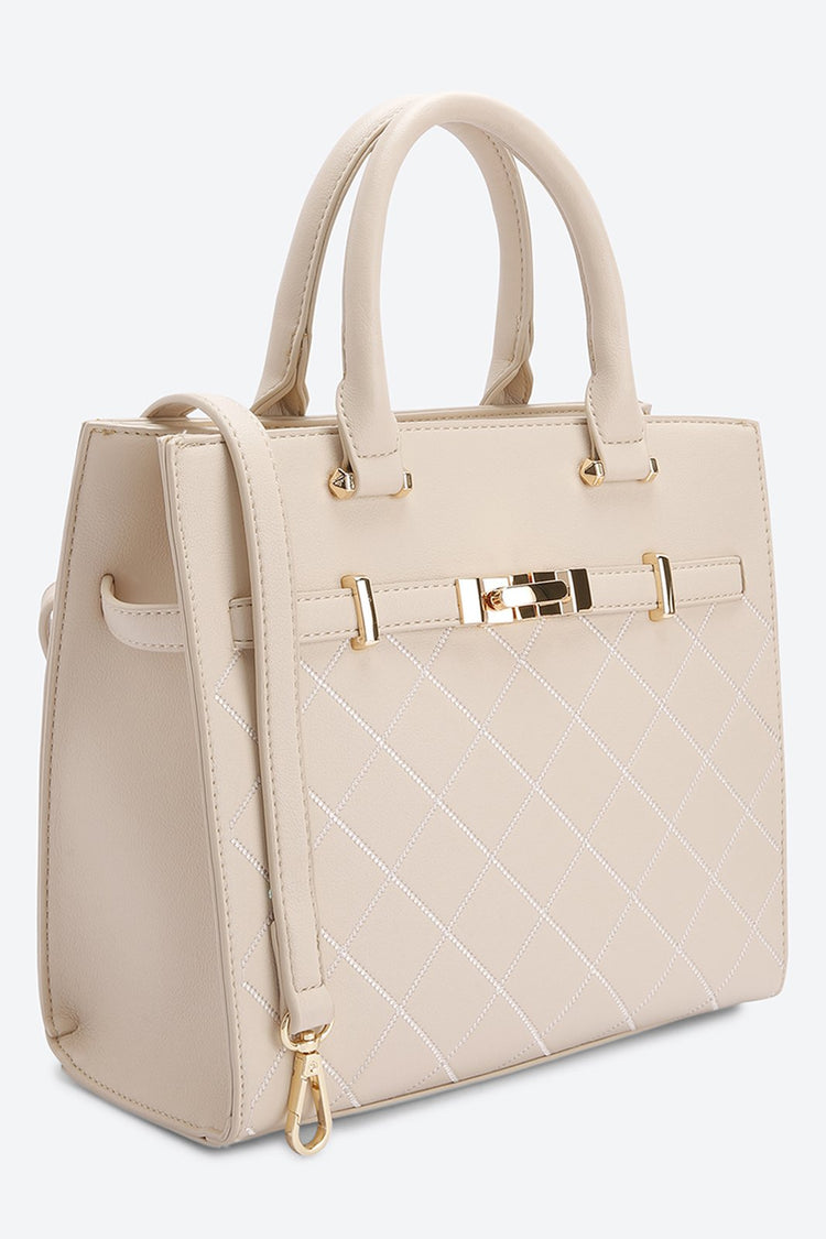 Dual Handle Embellished Beige Handbag