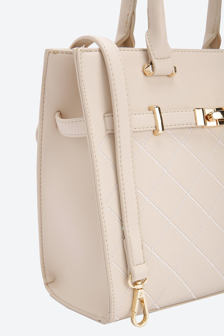 Dual Handle Embellished Beige Handbag