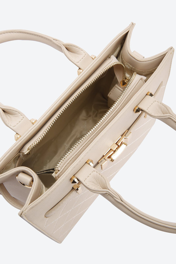 Dual Handle Embellished Beige Handbag