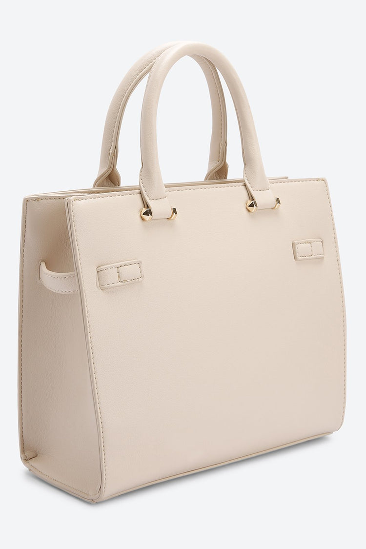 Dual Handle Embellished Beige Handbag