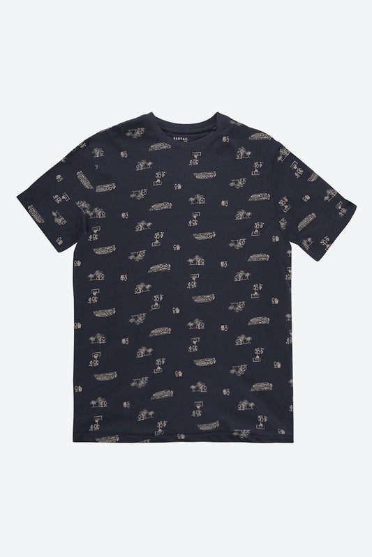 Short Sleeve Graphic Print Dark Blue T-Shirt