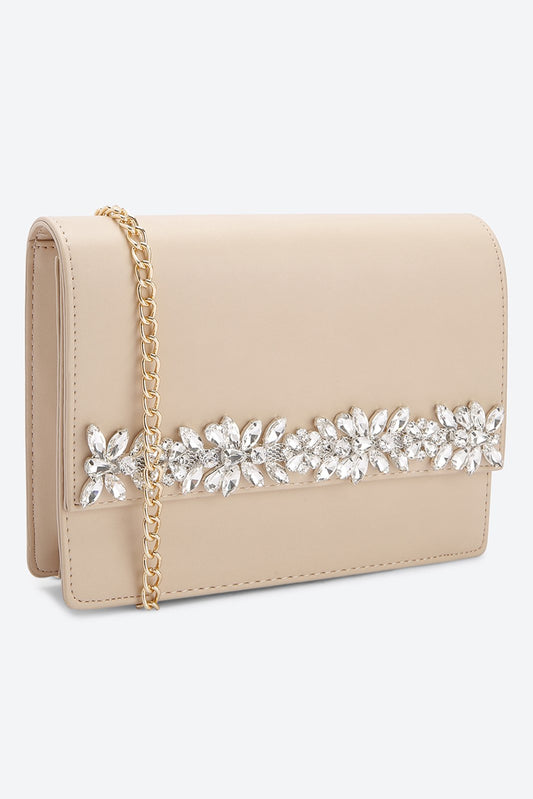 Front Flap Embellished Beige Clutch