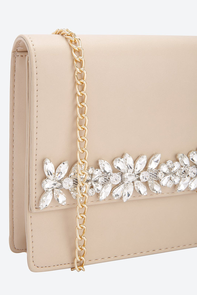 Front Flap Embellished Beige Clutch