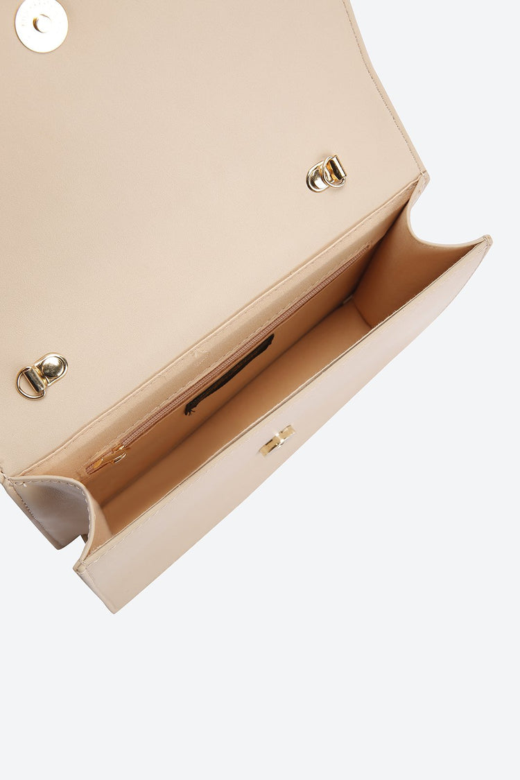 Front Flap Embellished Beige Clutch
