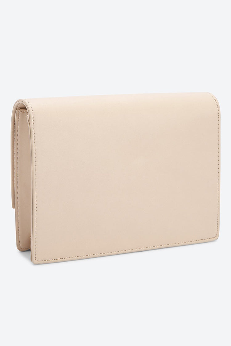 Front Flap Embellished Beige Clutch