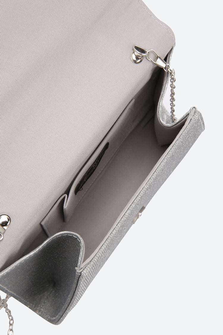 Front Flap Embellished Silver Clutch