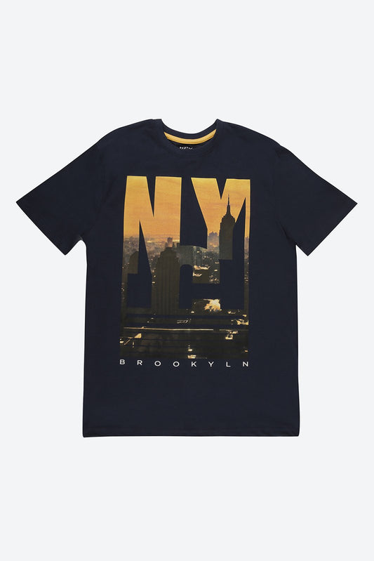 Short Sleeve Graphic Print Dark Blue T-Shirt