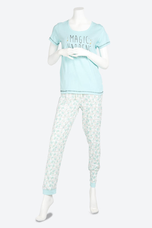 Short Sleeve Graphic Printed Blue Pyjama Set