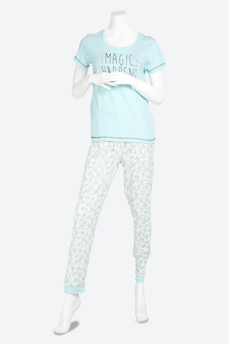 Short Sleeve Graphic Printed Blue Pyjama Set