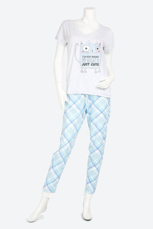 Short Sleeve Graphic Printed Blue Pyjama Set