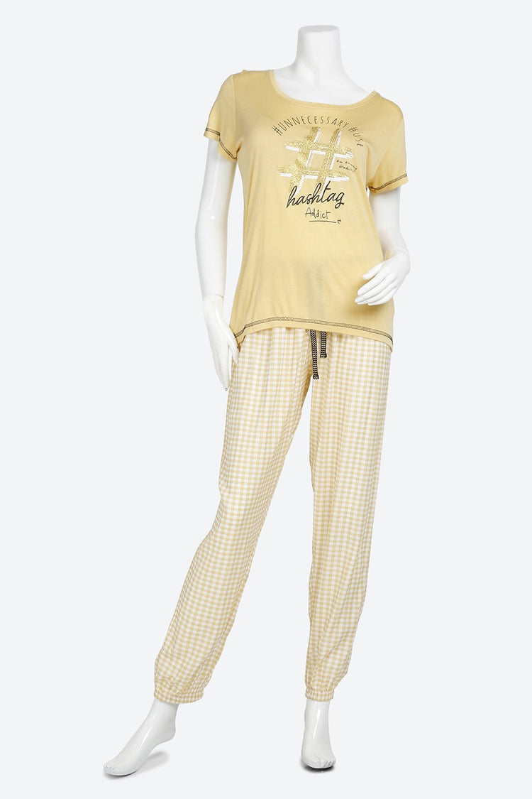 Short Sleeve Graphic Printed Beige Pyjama Set