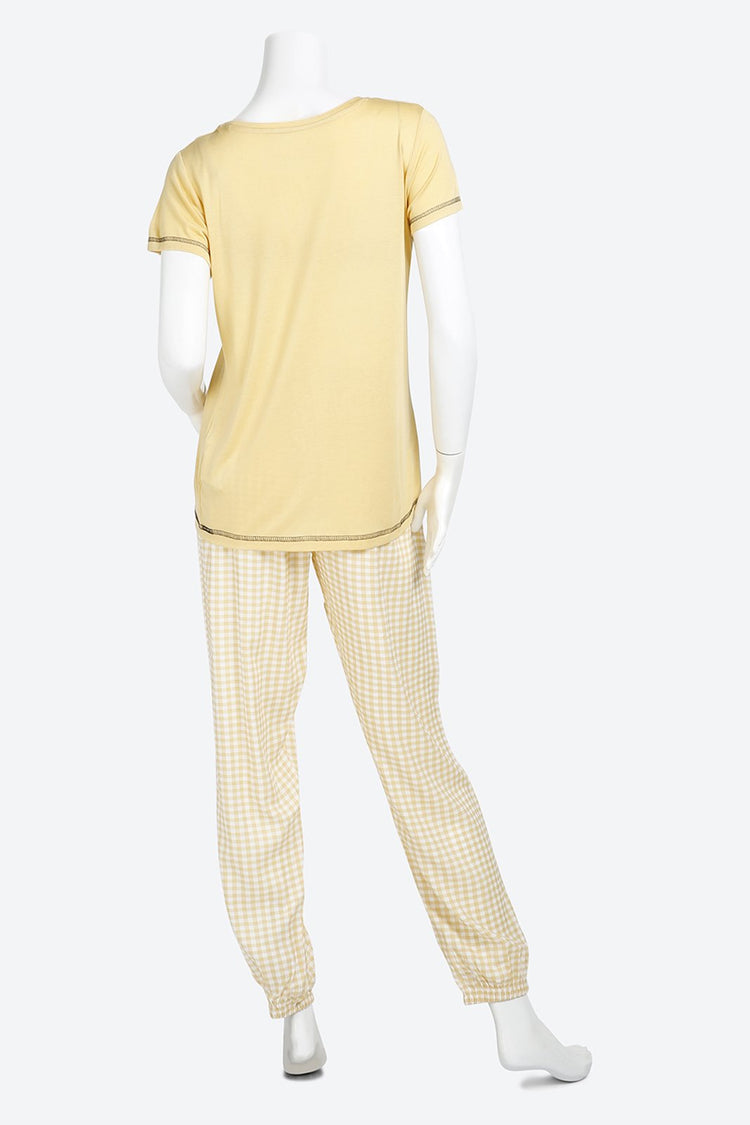 Short Sleeve Graphic Printed Beige Pyjama Set