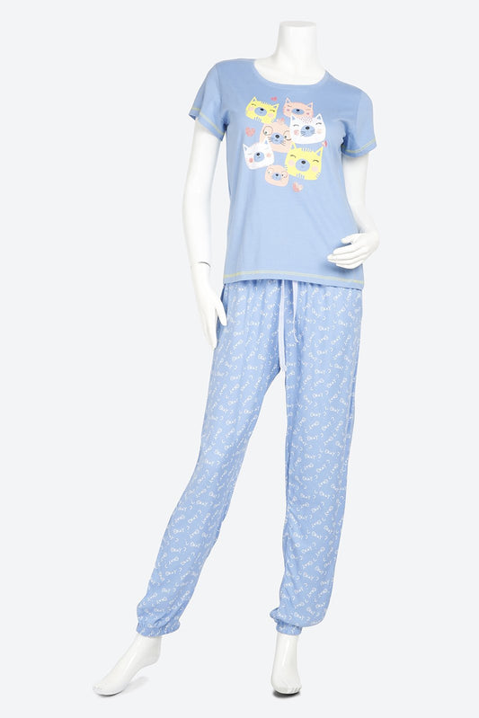 Short Sleeve Graphic Printed Blue Pyjama Set