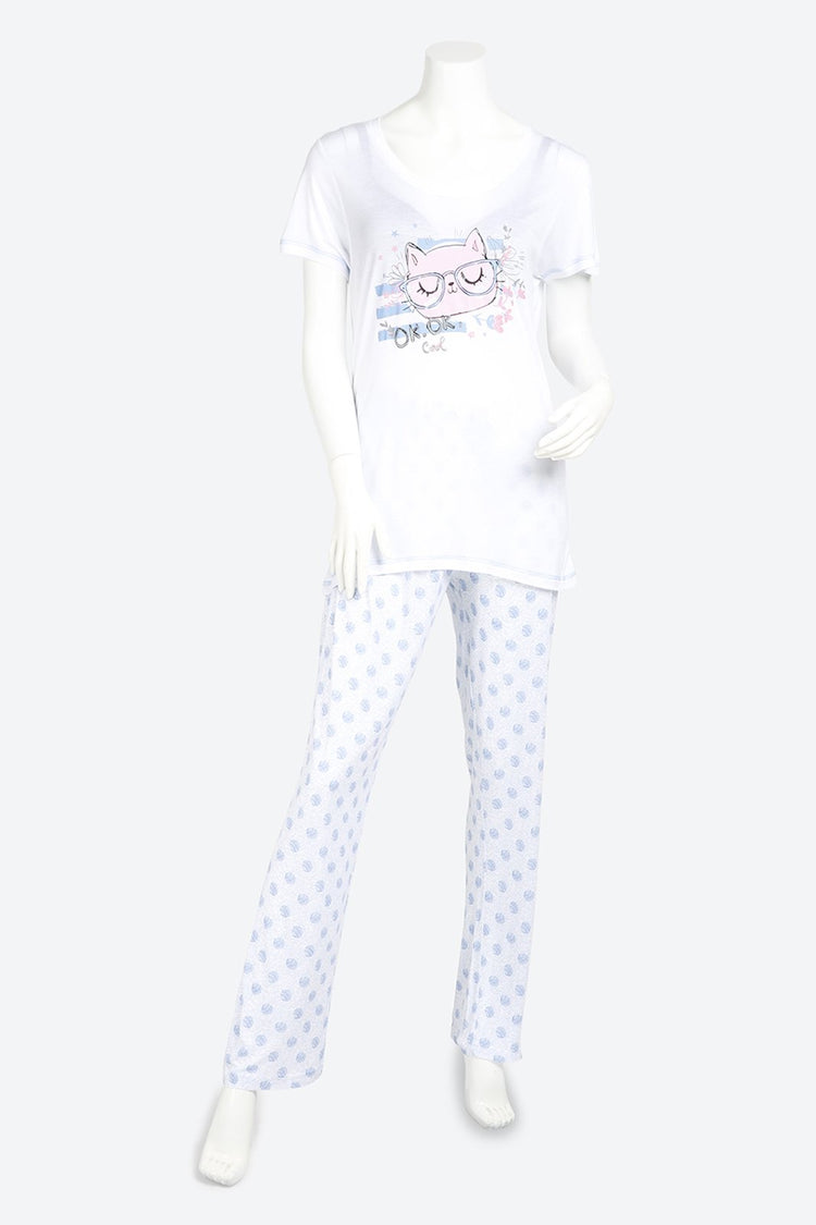 Short Sleeve Graphic Printed White Pyjama Set